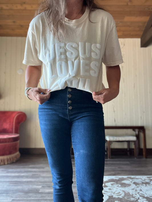 Jesus Loves You White on Ivory Tee